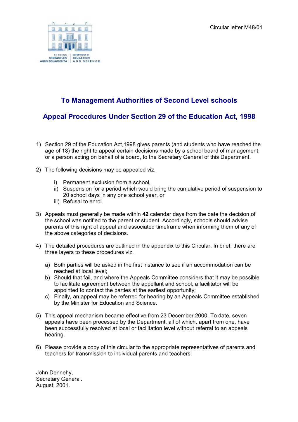 Circular M48/01 Appeal Procedures Under Section 29 of the Education Act, 1998. (File Word