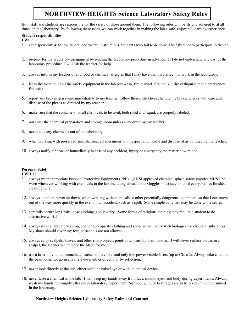 SAMPLE Science Laboratory Safety Rules