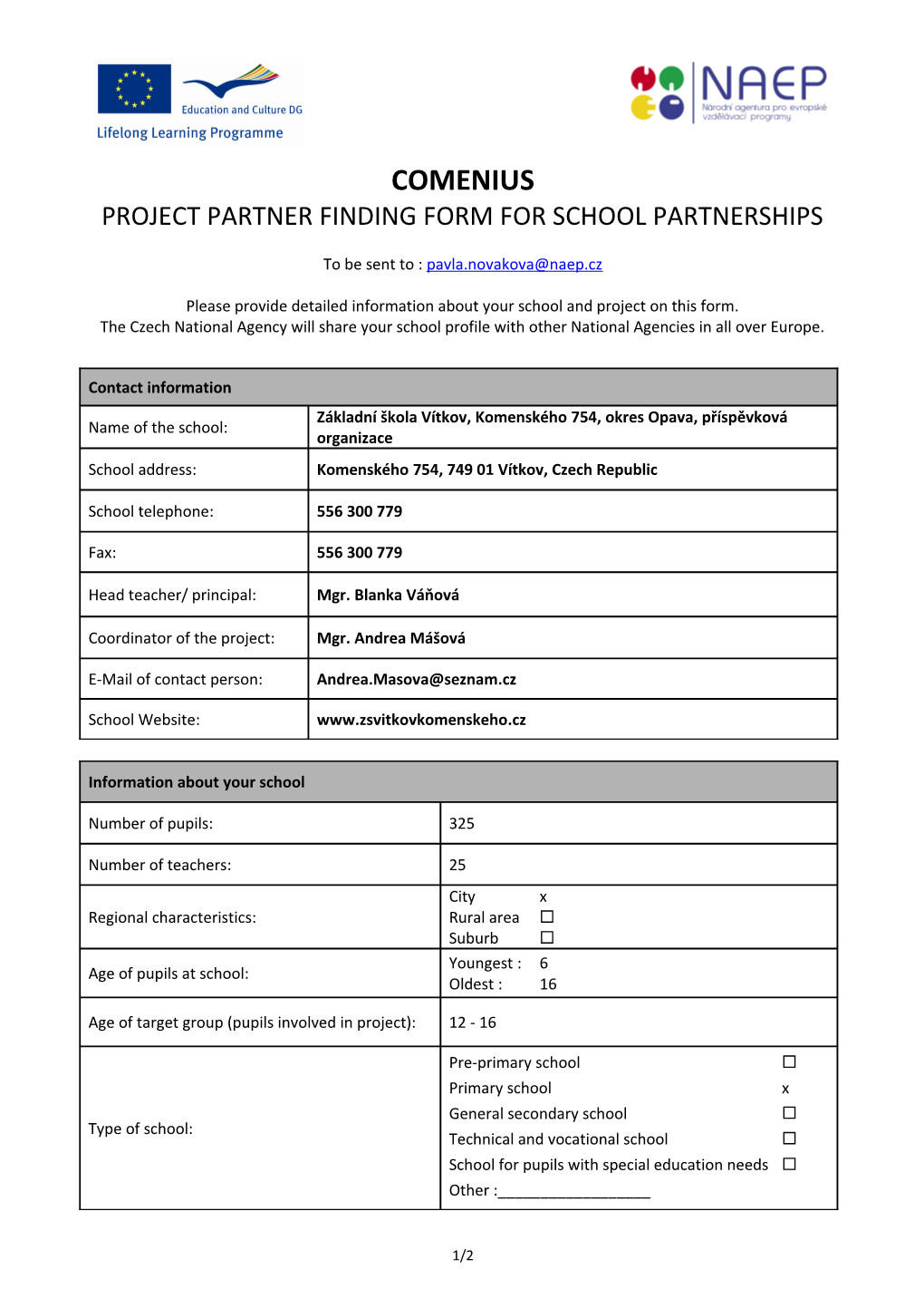 Project Partner Finding Form for School Partnerships