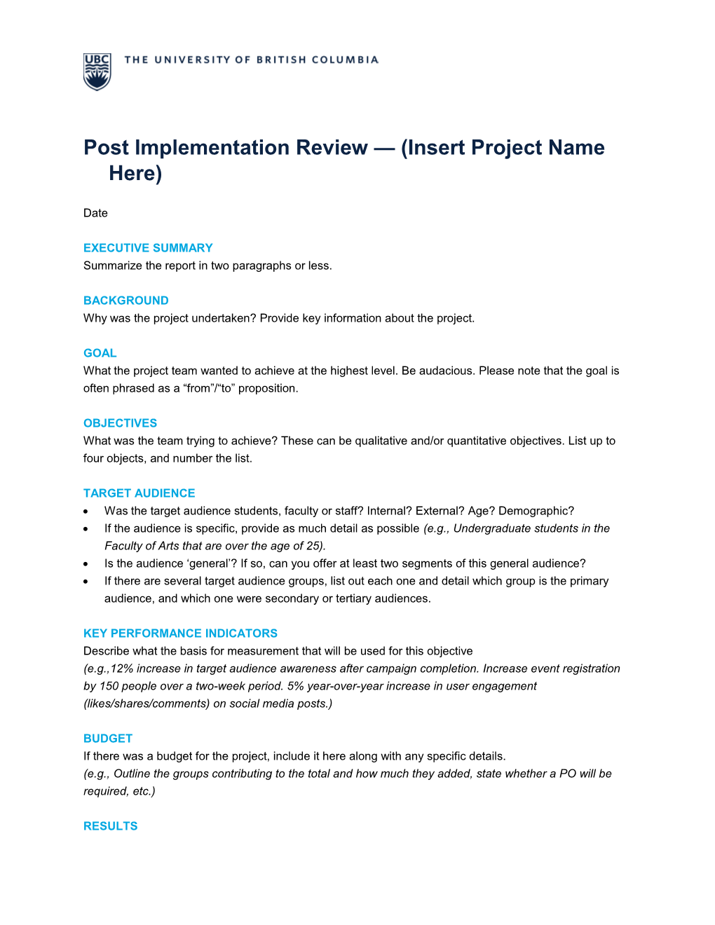 Post Implementation Review (Insert Project Name Here)