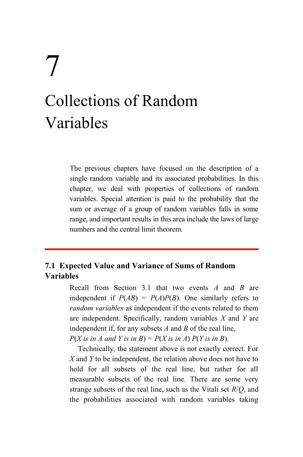 7.1 Expected Value and Variance of Sums of Random Variables