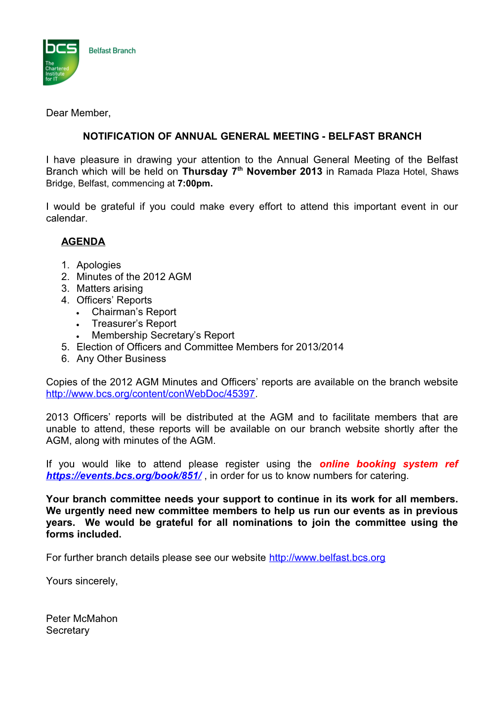 Notification of Annual General Meeting - Belfast Branch