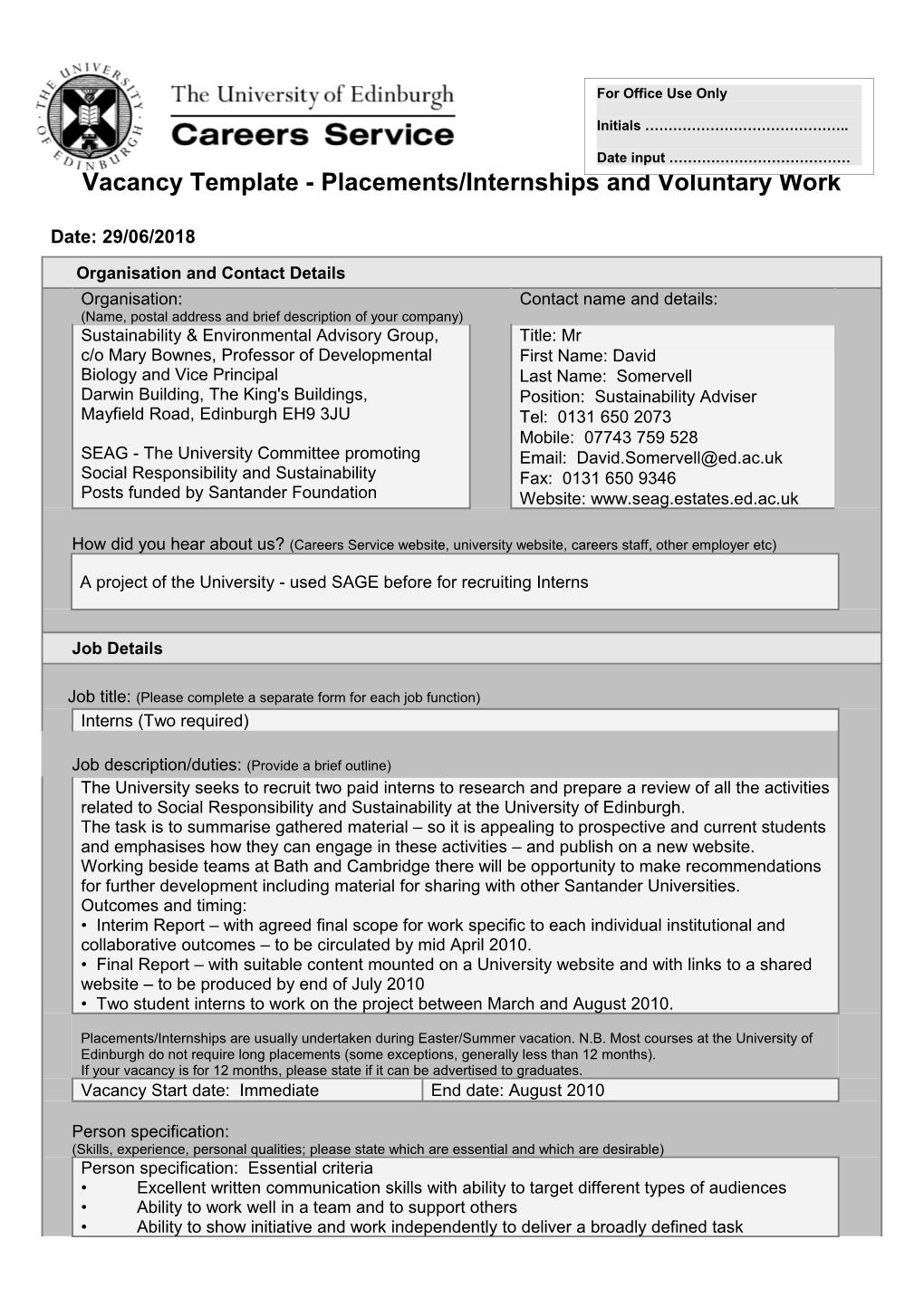Vacancy Template - Part-Time, One-Off and Vacation Work