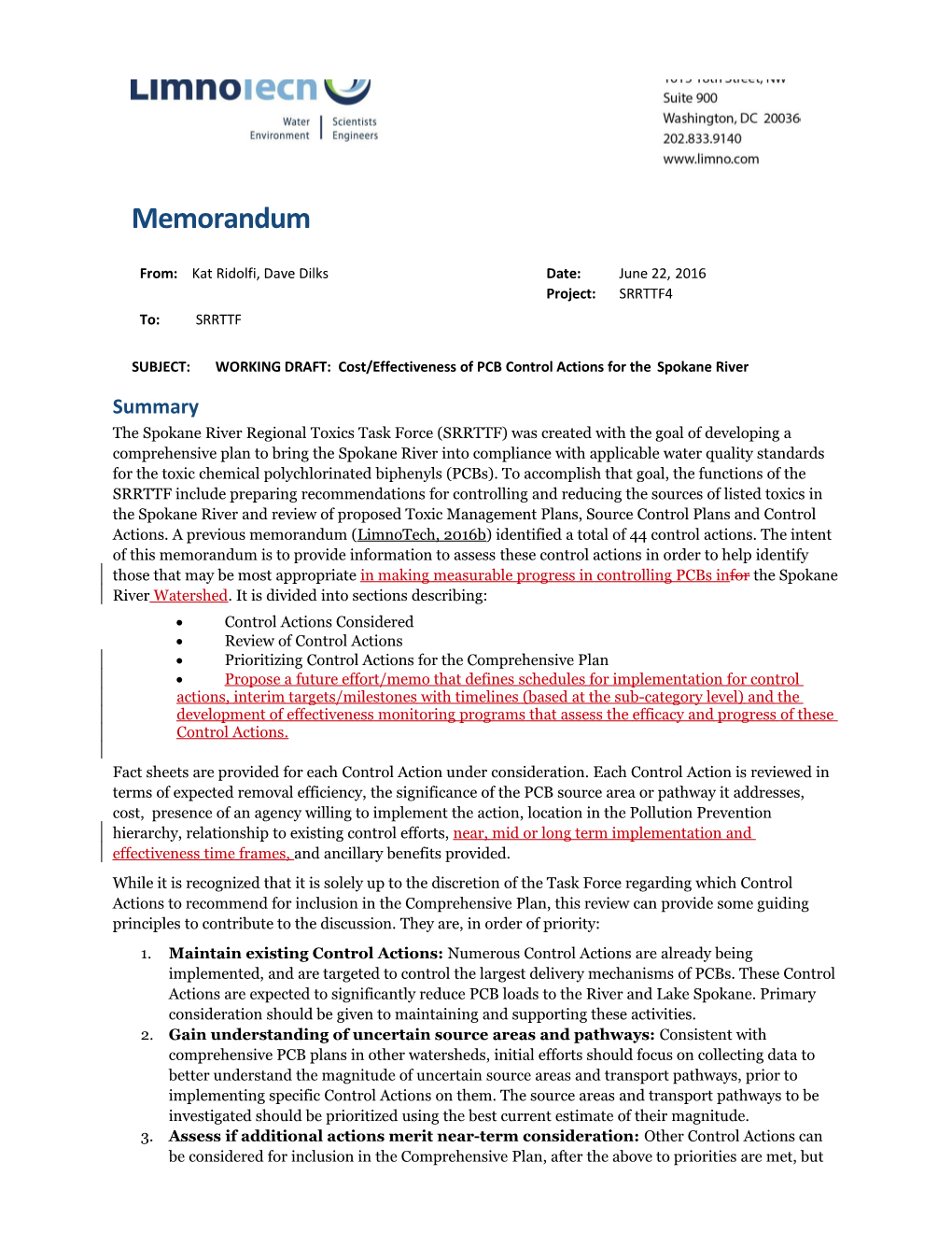 SUBJECT: WORKING DRAFT: Cost/Effectiveness of PCB Control Actions for the Spokane River