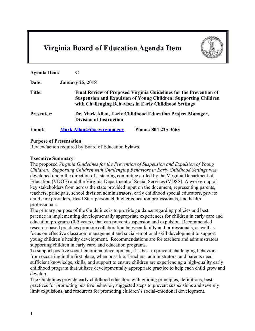 Virginia Board of Education Agenda Item