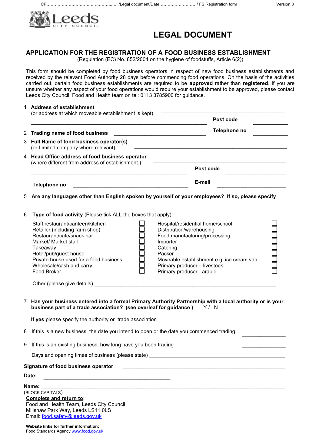 Application for the Registration of a Food Business Establishment