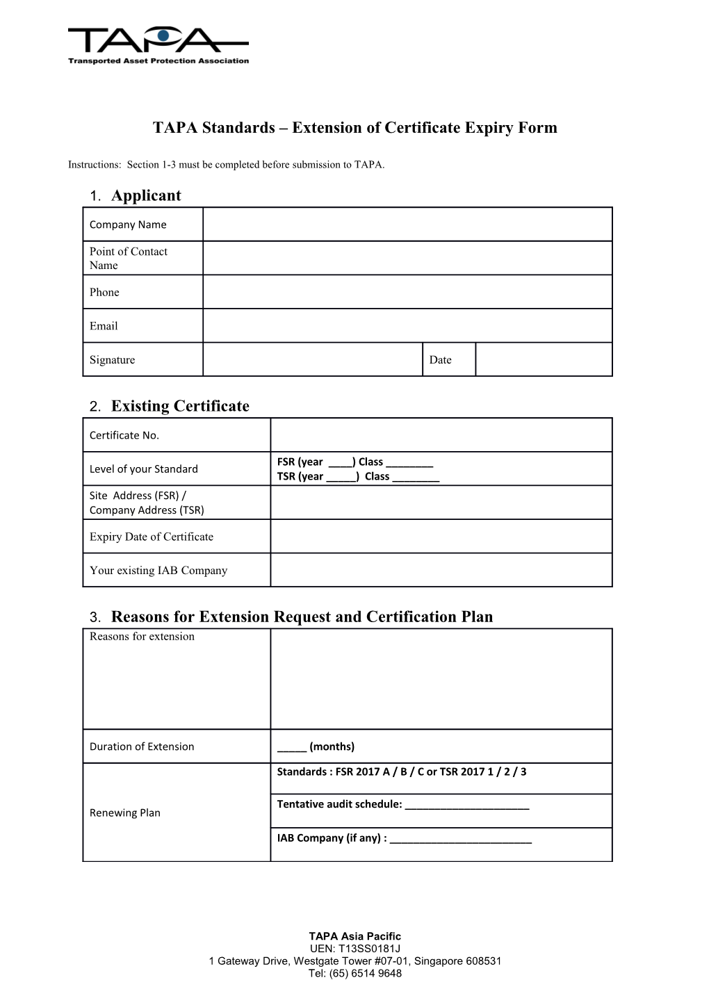 TAPA Standards Extension of Certificate Expiry Form