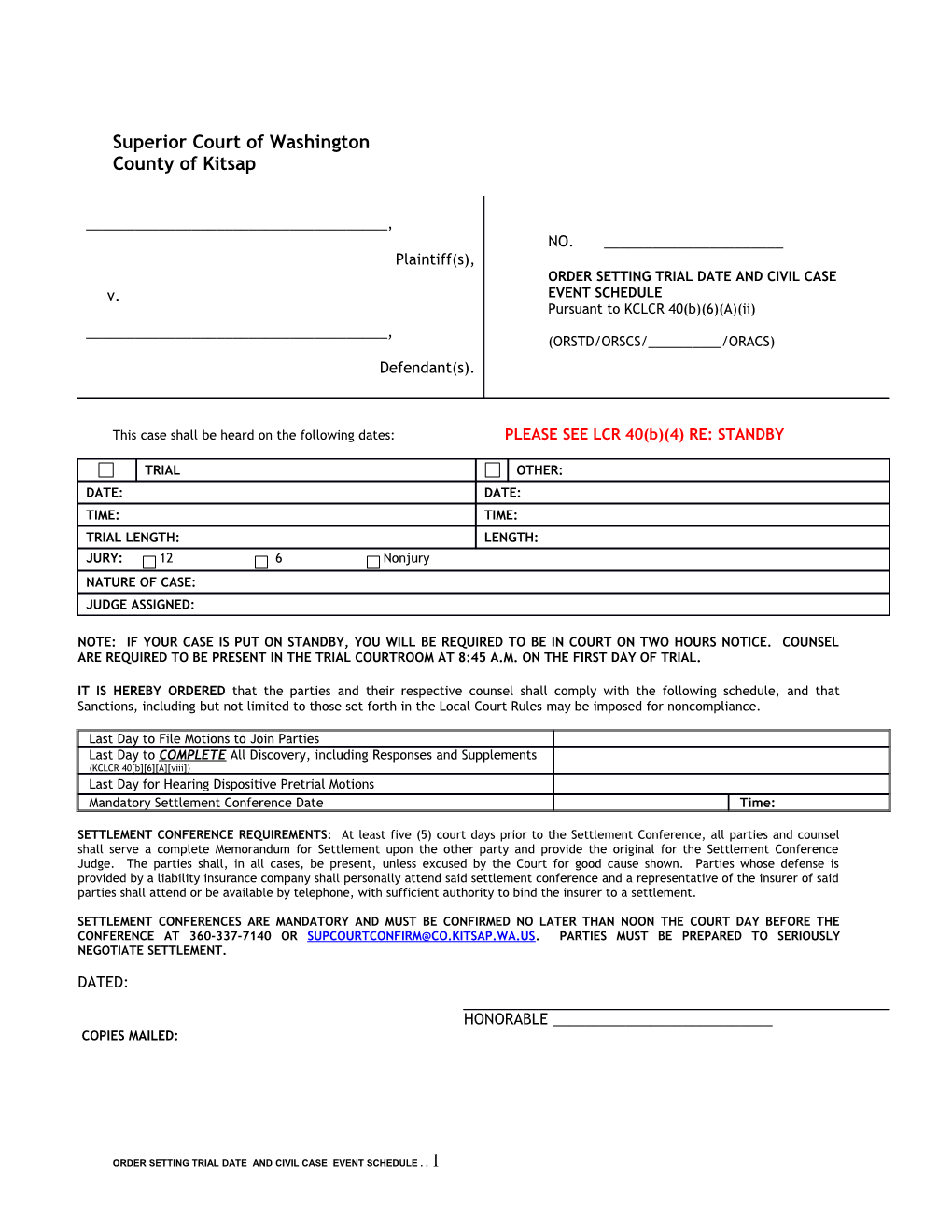 Order Setting Trial Date and Civil Case Event Schedule . . 1