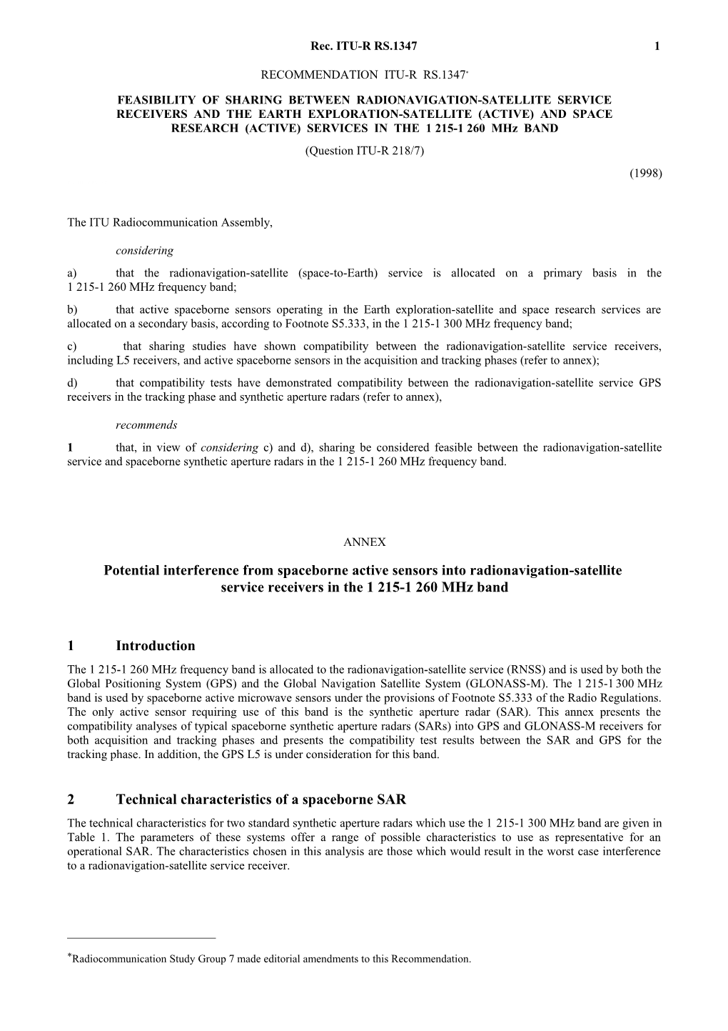 SA.1347 - Feasibility of Sharing Between Radionavigation-Satellite Service Receivers And