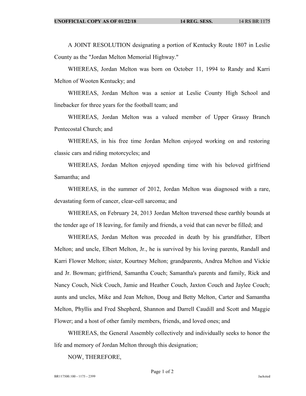 A JOINT RESOLUTION Designating a Portion of Kentucky Route 1807 in Leslie County As The
