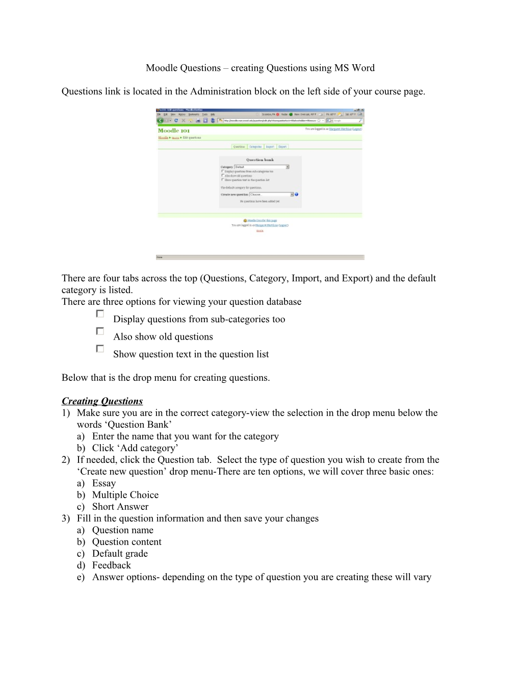 Moodle Questions Creating Questions Using MS Word