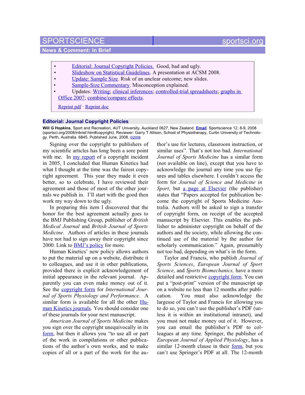 Sportscience In-Brief 2008