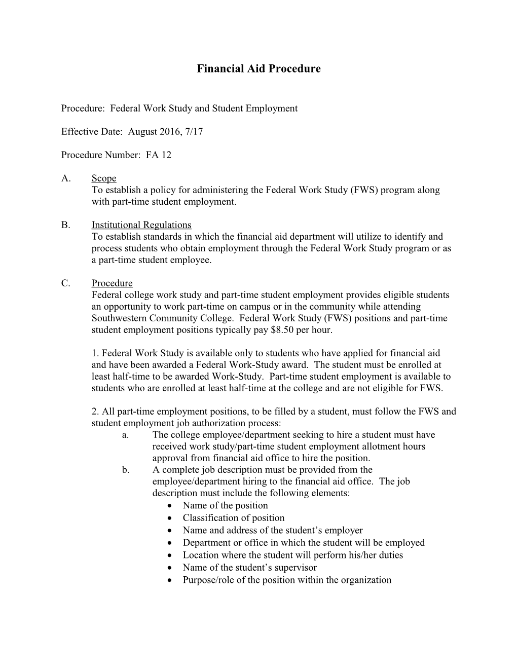 Procedure: Federal Work Study and Student Employment