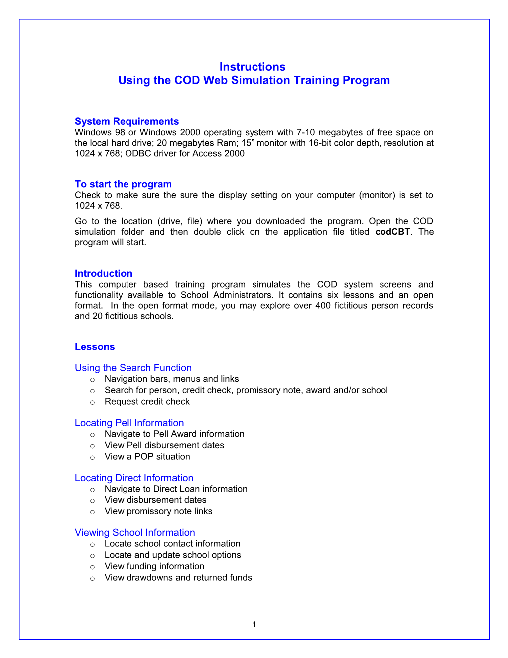 Guide to Using the COD Web Simulation Training Program