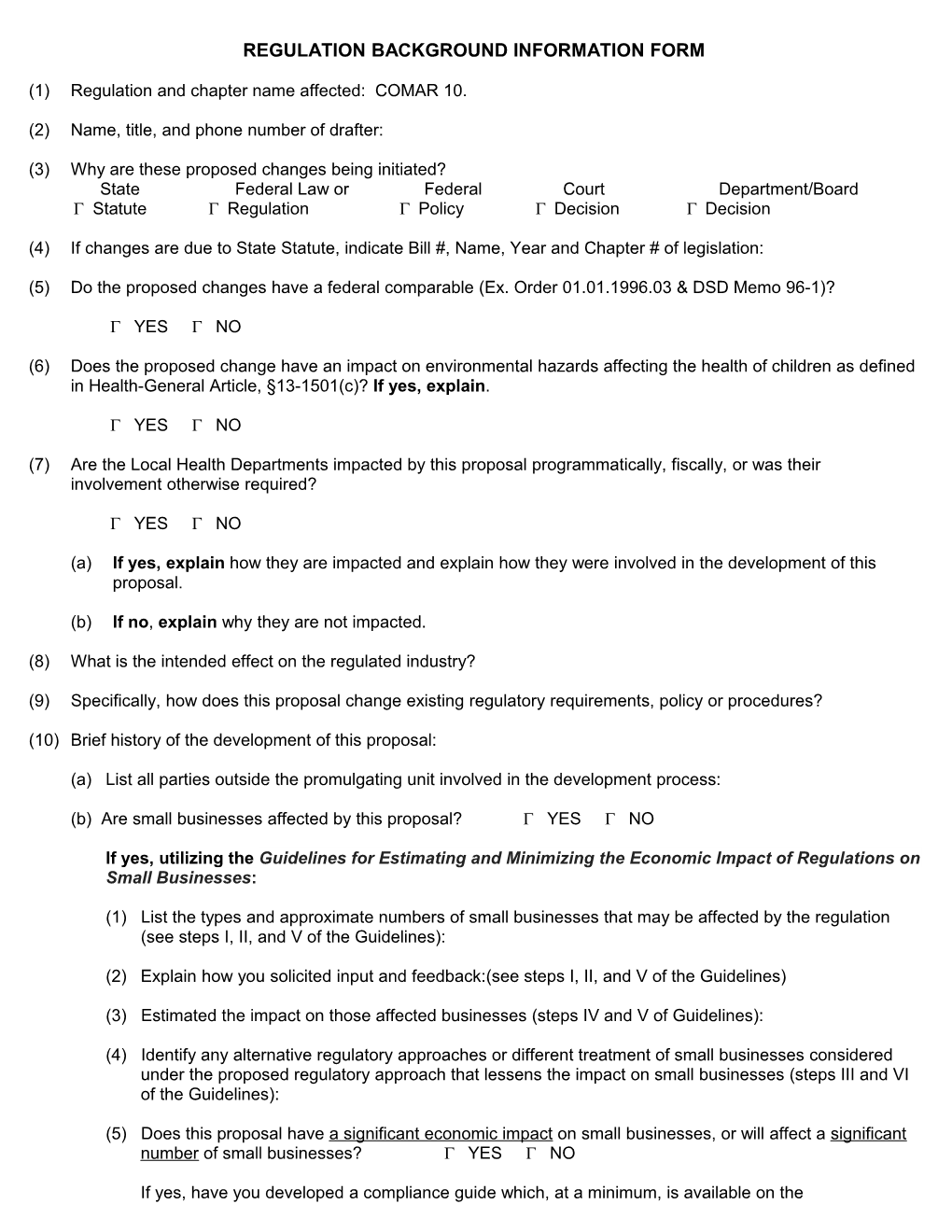 Regulation Background Information Form (Blue Paper)