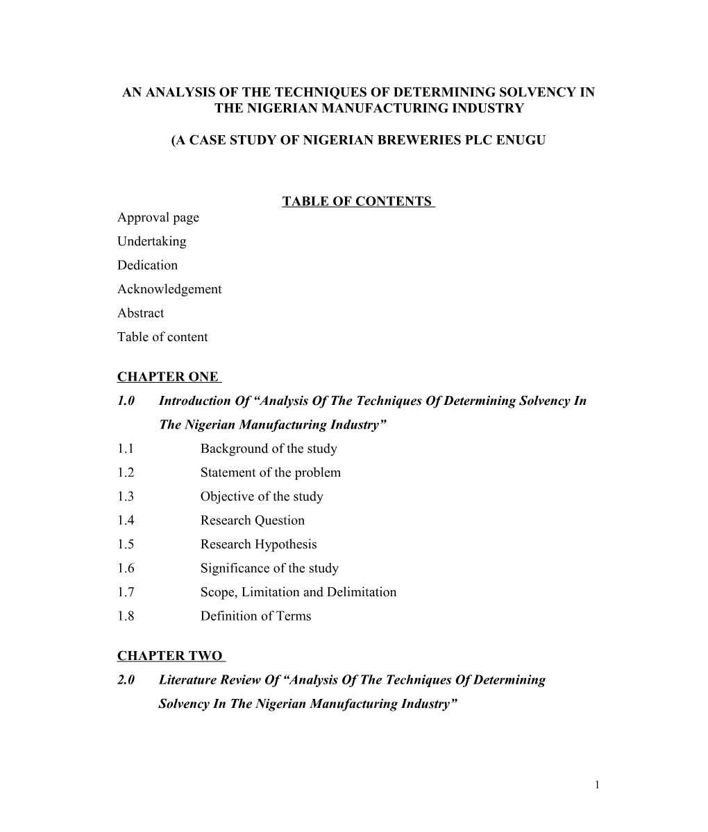 An Analysis of the Techniques of Determining Solvency in the Nigerian Manufacturing Industry