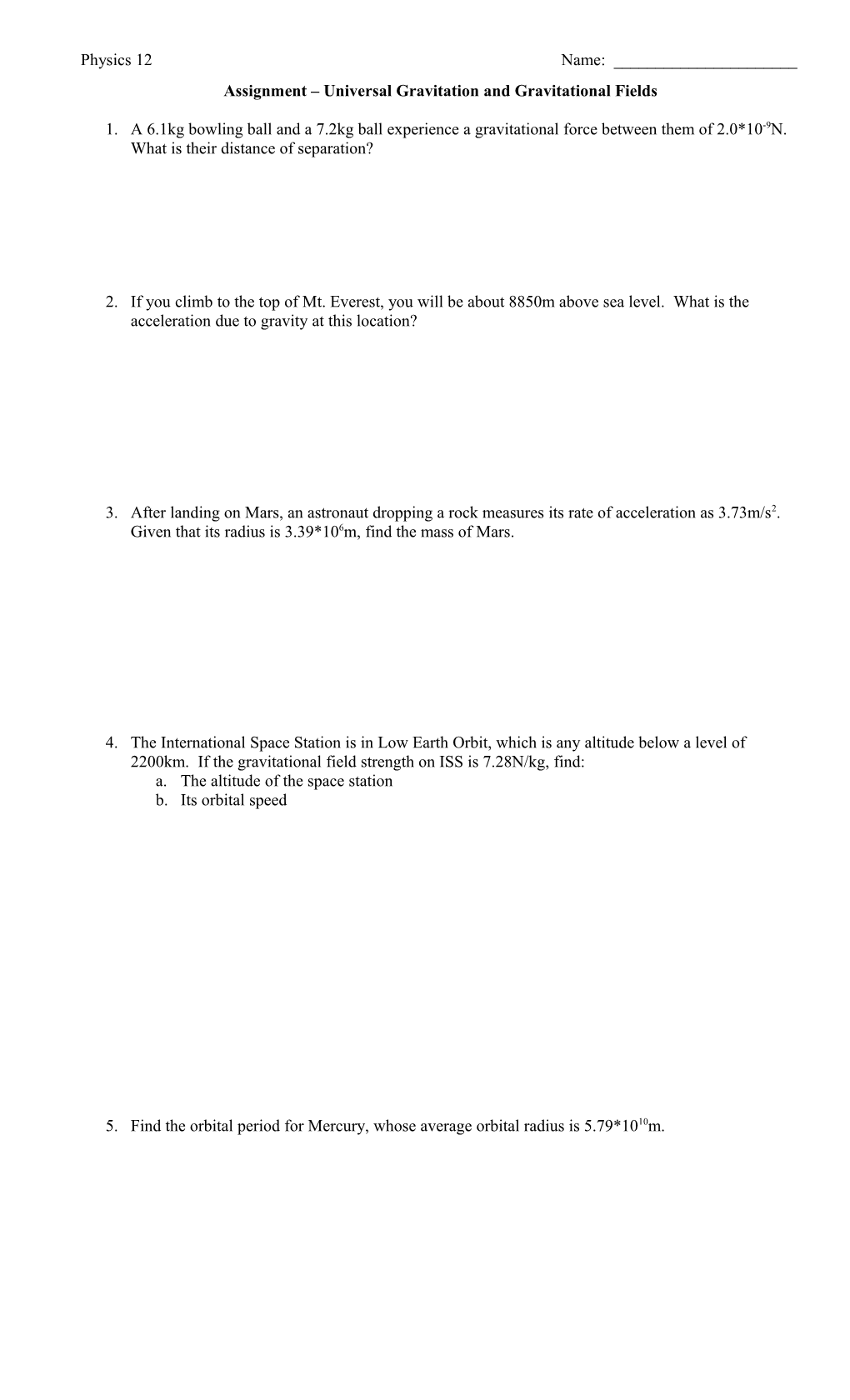 Assignment Universal Gravitation and Gravitational Fields