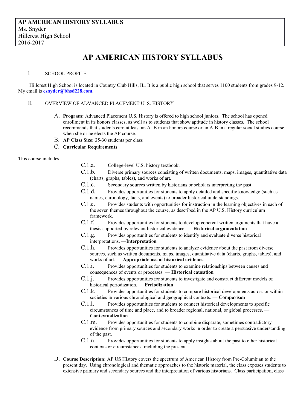 Ap American History Syllabus