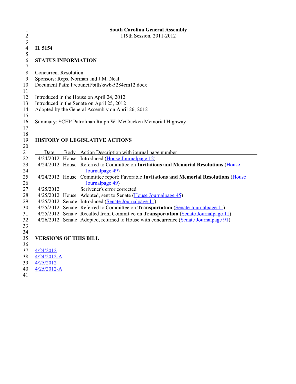 2011-2012 Bill 5154: SCHP Patrolman Ralph W. Mccracken Memorial Highway - South Carolina