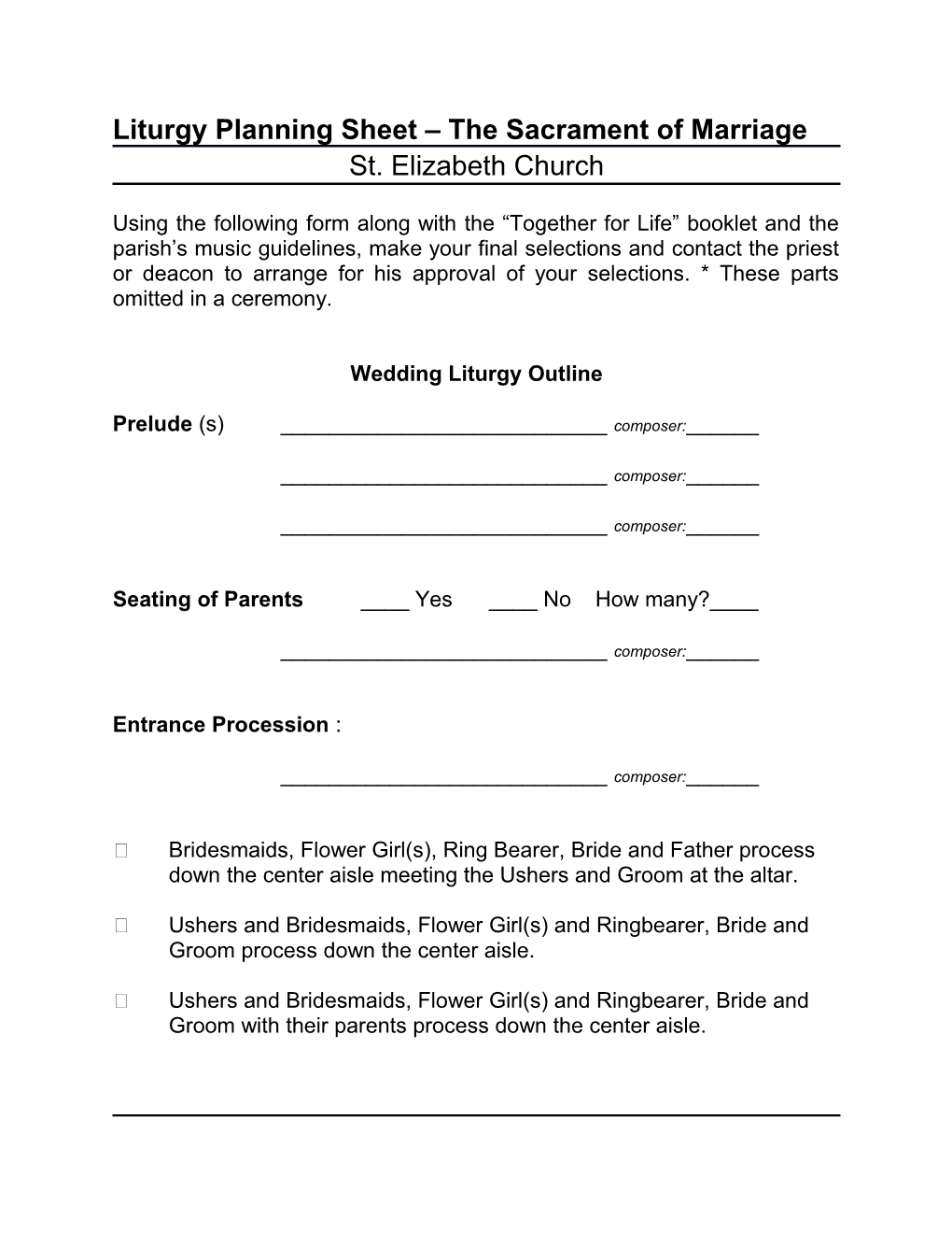 Liturgy Planning Sheet the Sacrament of Marriage