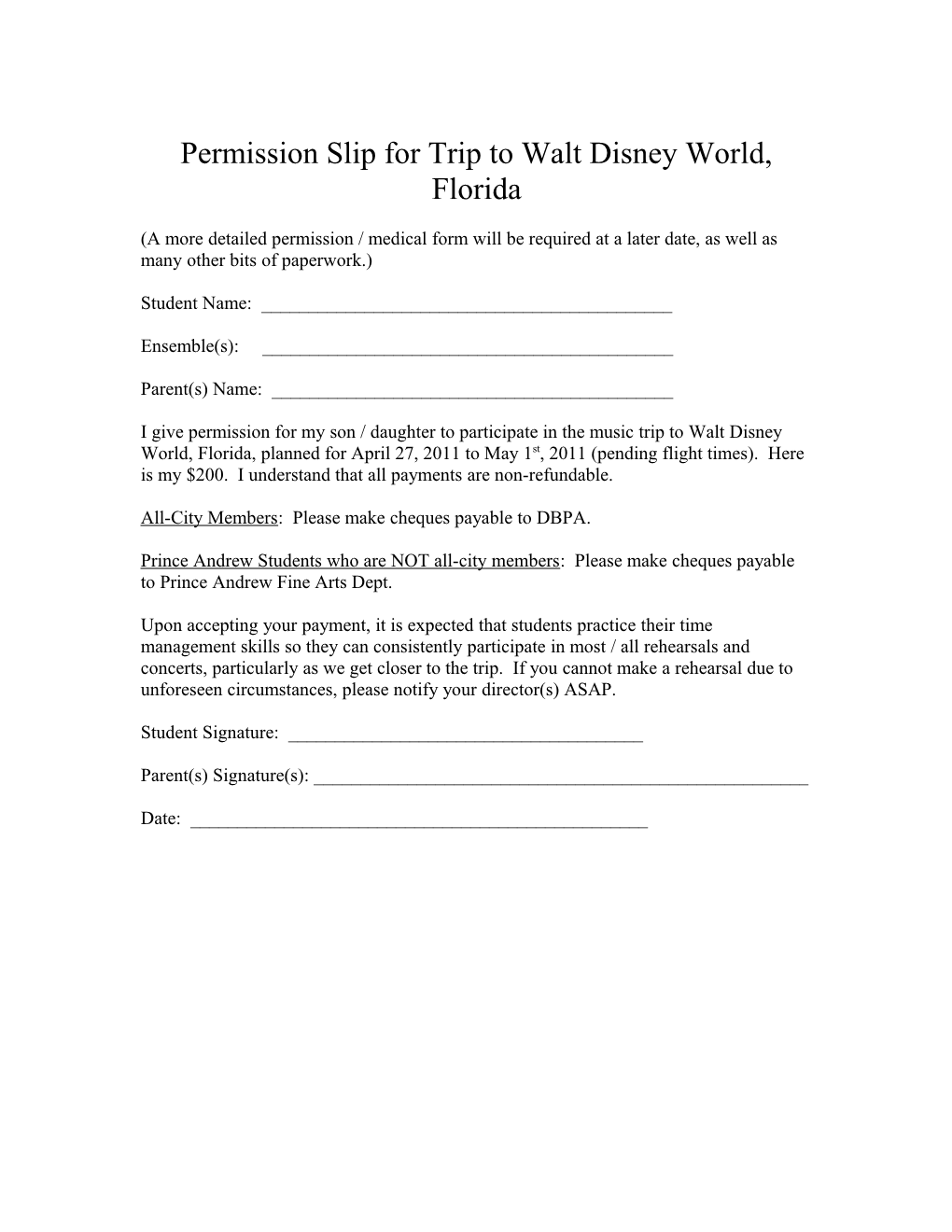 Permission Slip for Trip to Walt Disney World, Florida