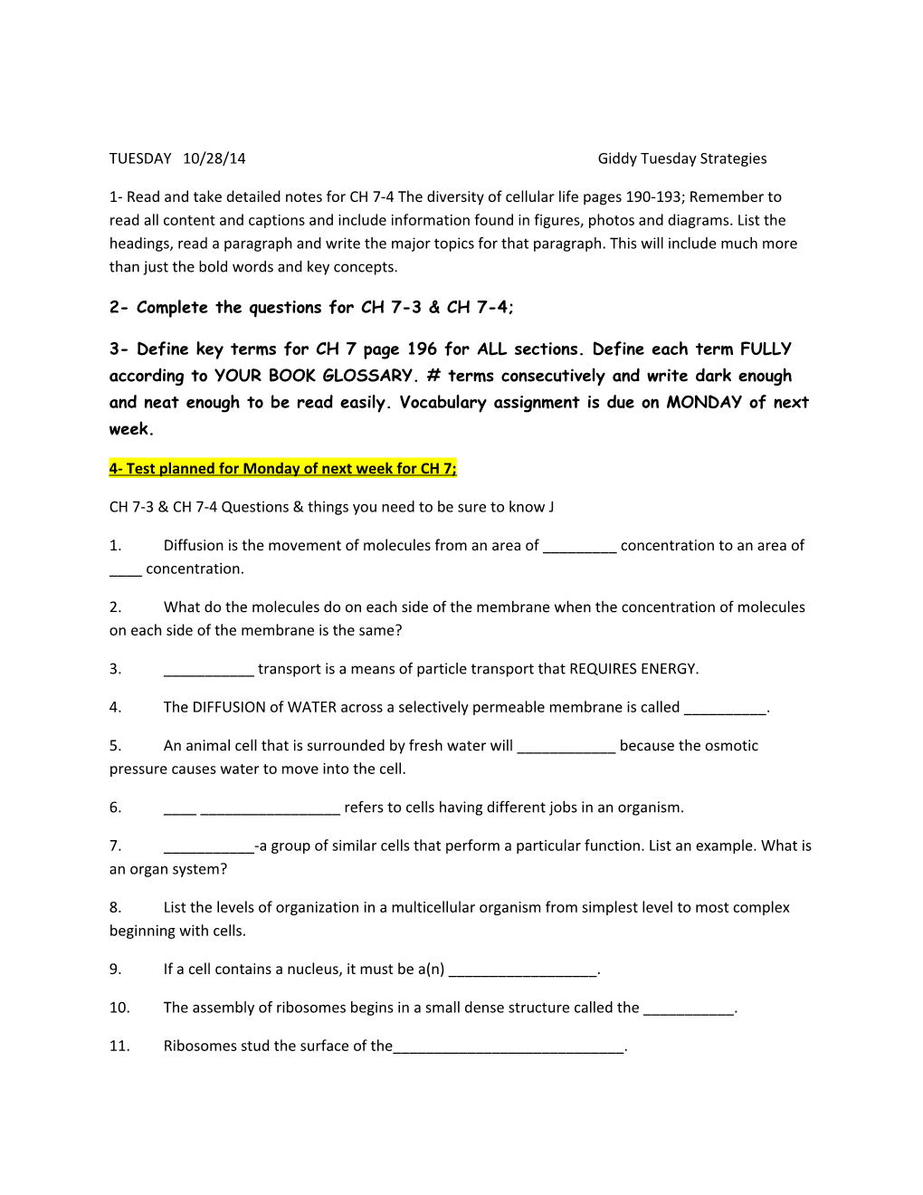 2- Complete the Questions for CH 7-3 & CH 7-4;