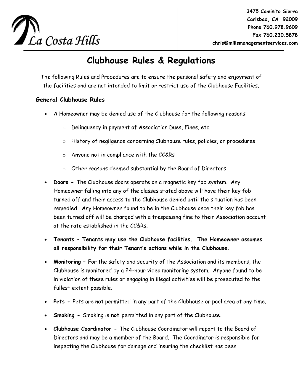 Clubhouse Rules & Regulations