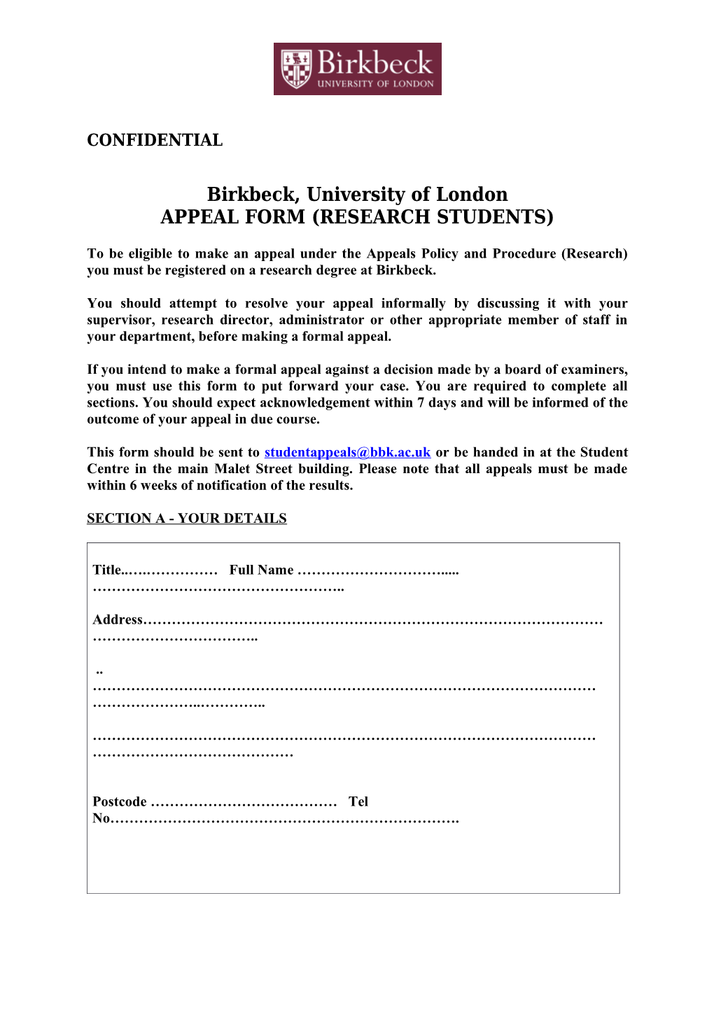 Appeal Form (Research Students)