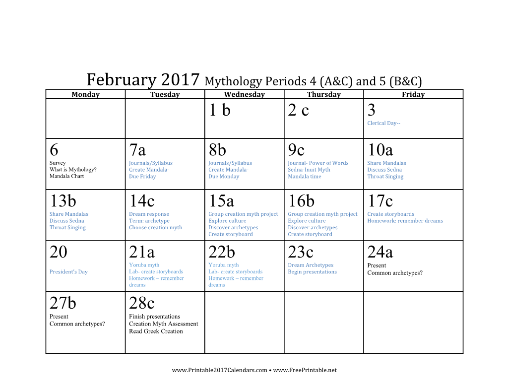February 2017 Mythology Periods 4 (A&C) and 5 (B&C)