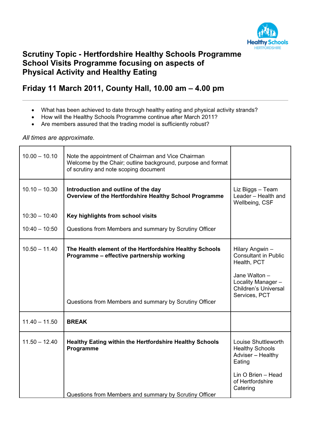 Scrutiny Topic - Hertfordshire Healthy Schools Programme