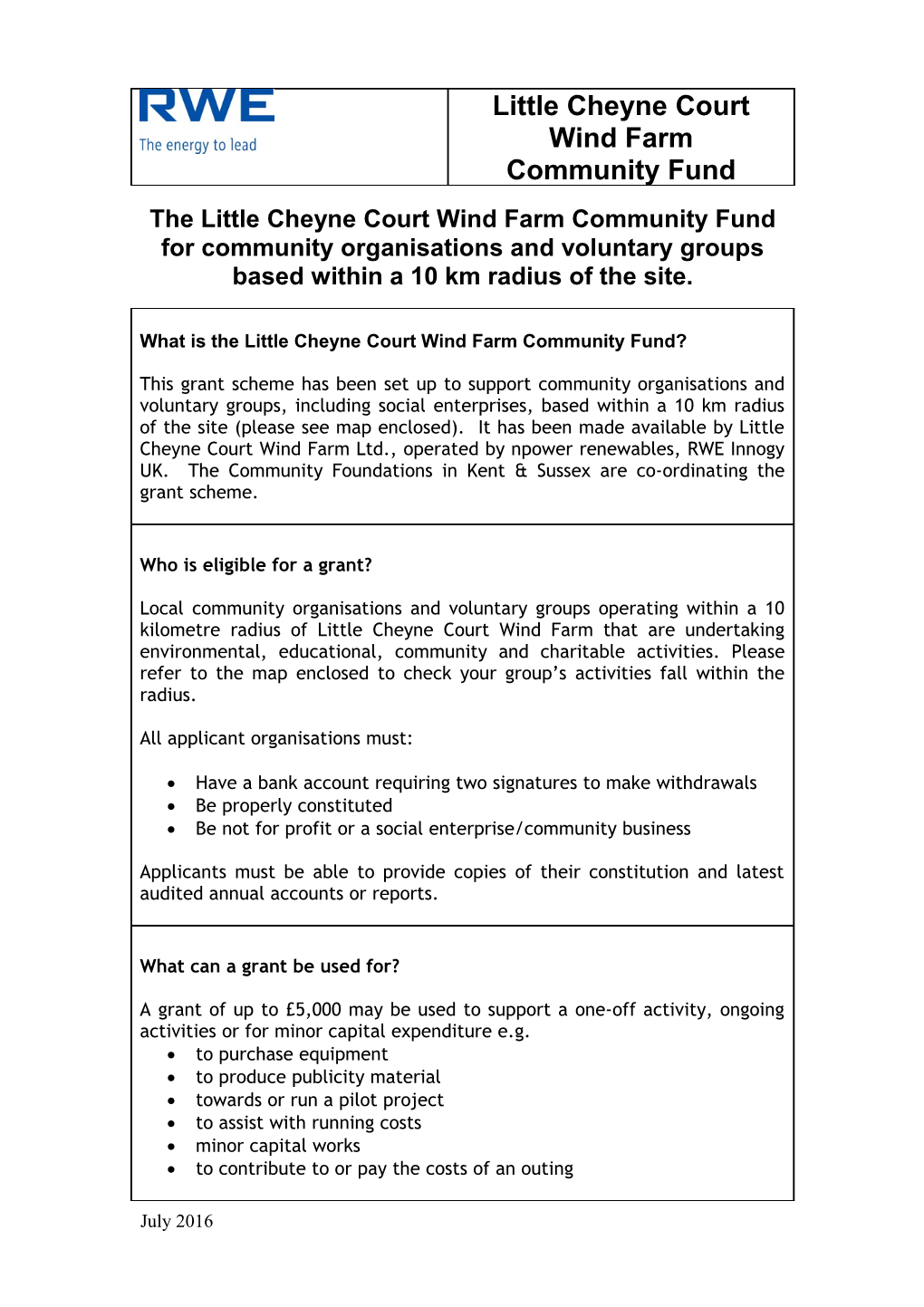 The Little Cheyne Court Wind Farm Community Fund for Community Organisations and Voluntary