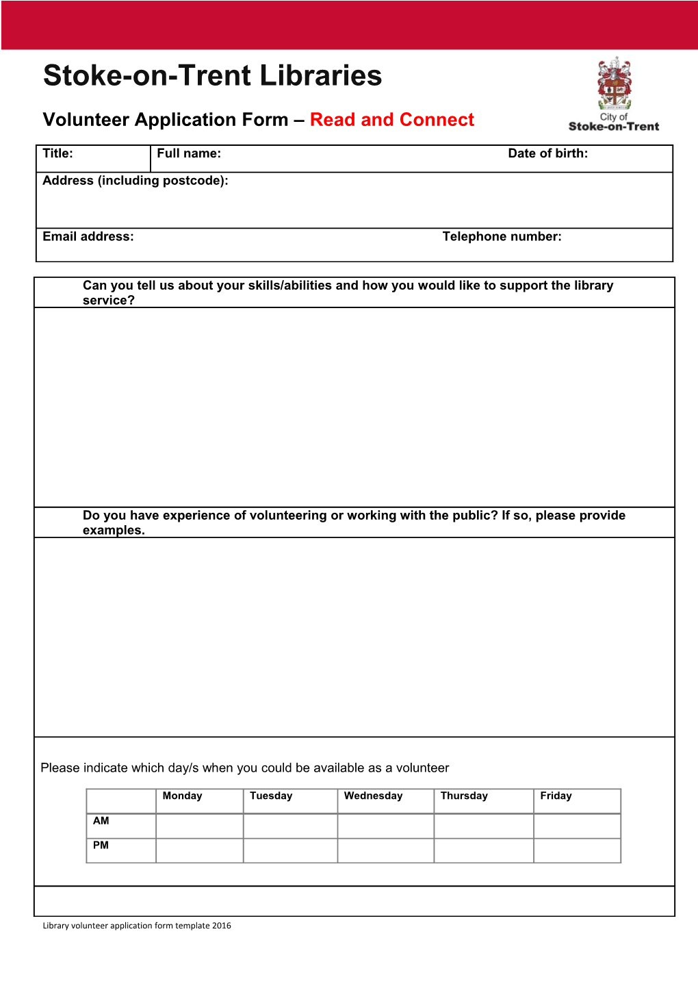 Volunteer Application Form Read and Connect