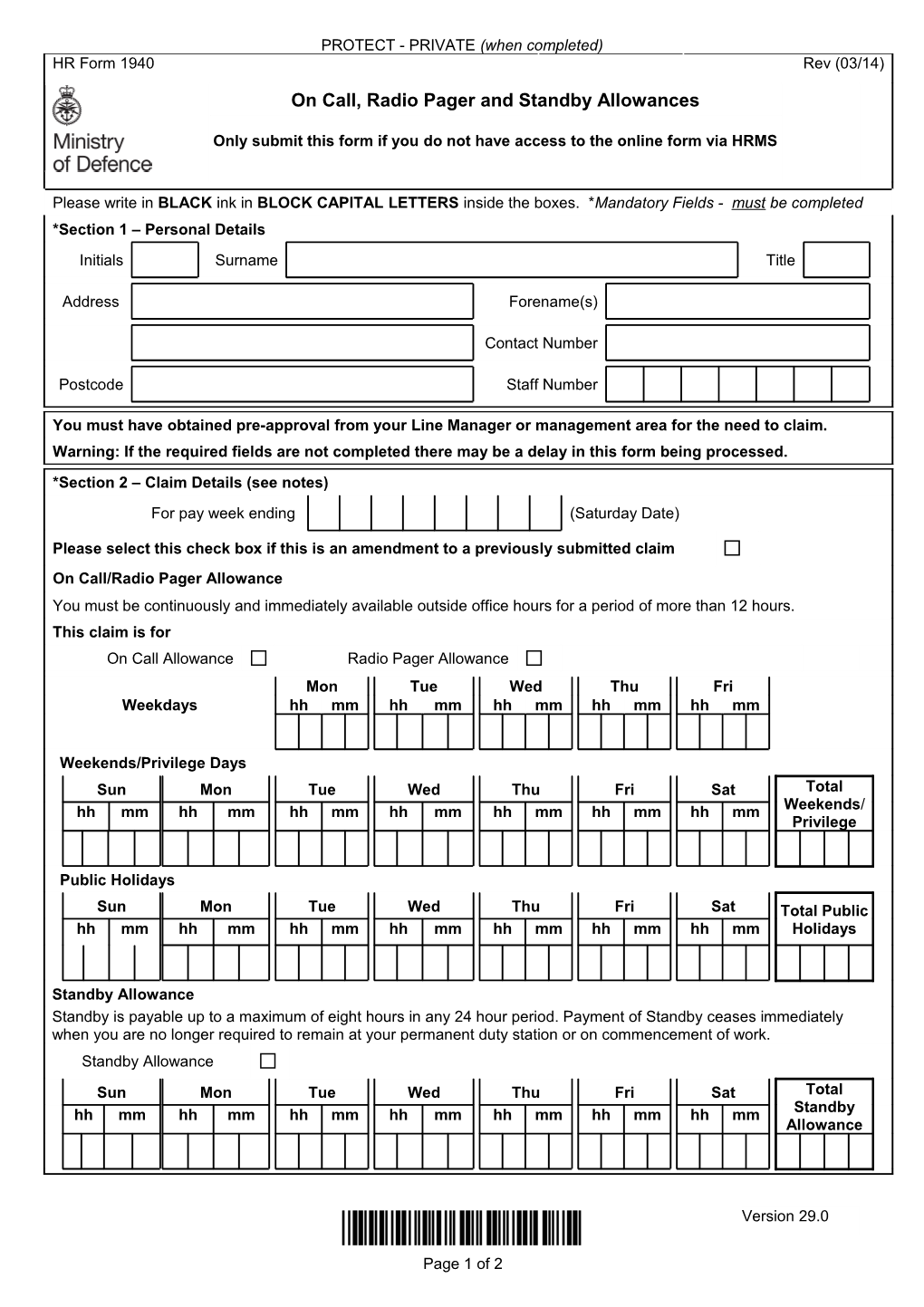 HR Form 1940: on Call, Radio Pager and Standby Allowances