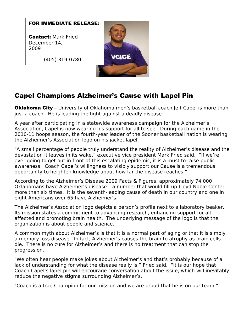 Capel Champions Alzheimer S Cause with Lapel Pin