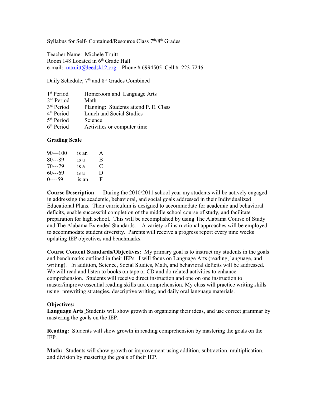 Syllabus for Self- Contained/Resource Class 7Th/8Th Grades