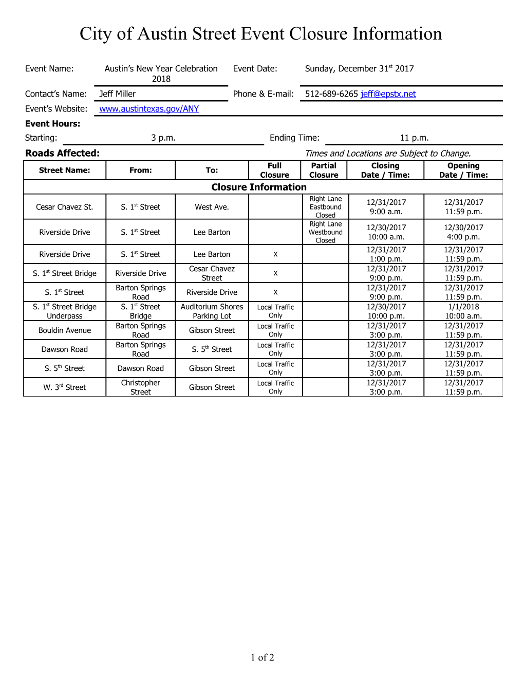 City of Austin Street Event Closure Information