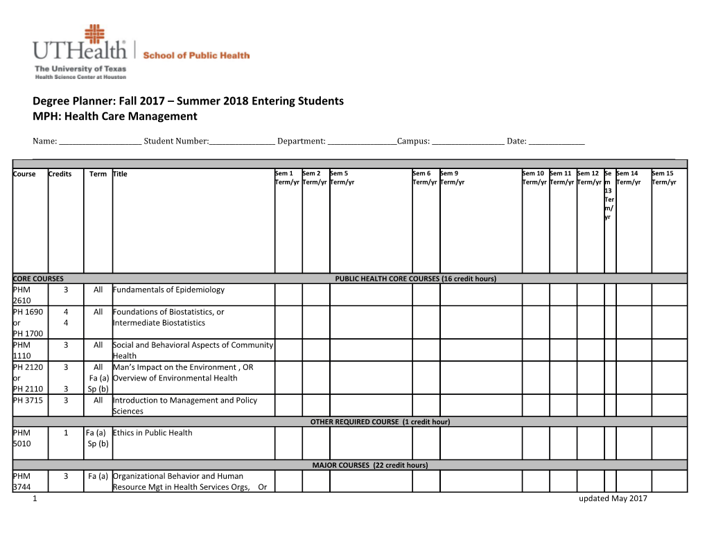 Degree Planner: Fall 2017 Summer 2018 Entering Students