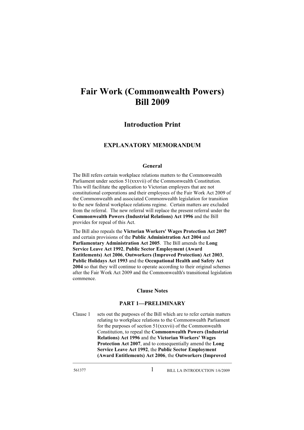 Fair Work (Commonwealth Powers) Bill 2009