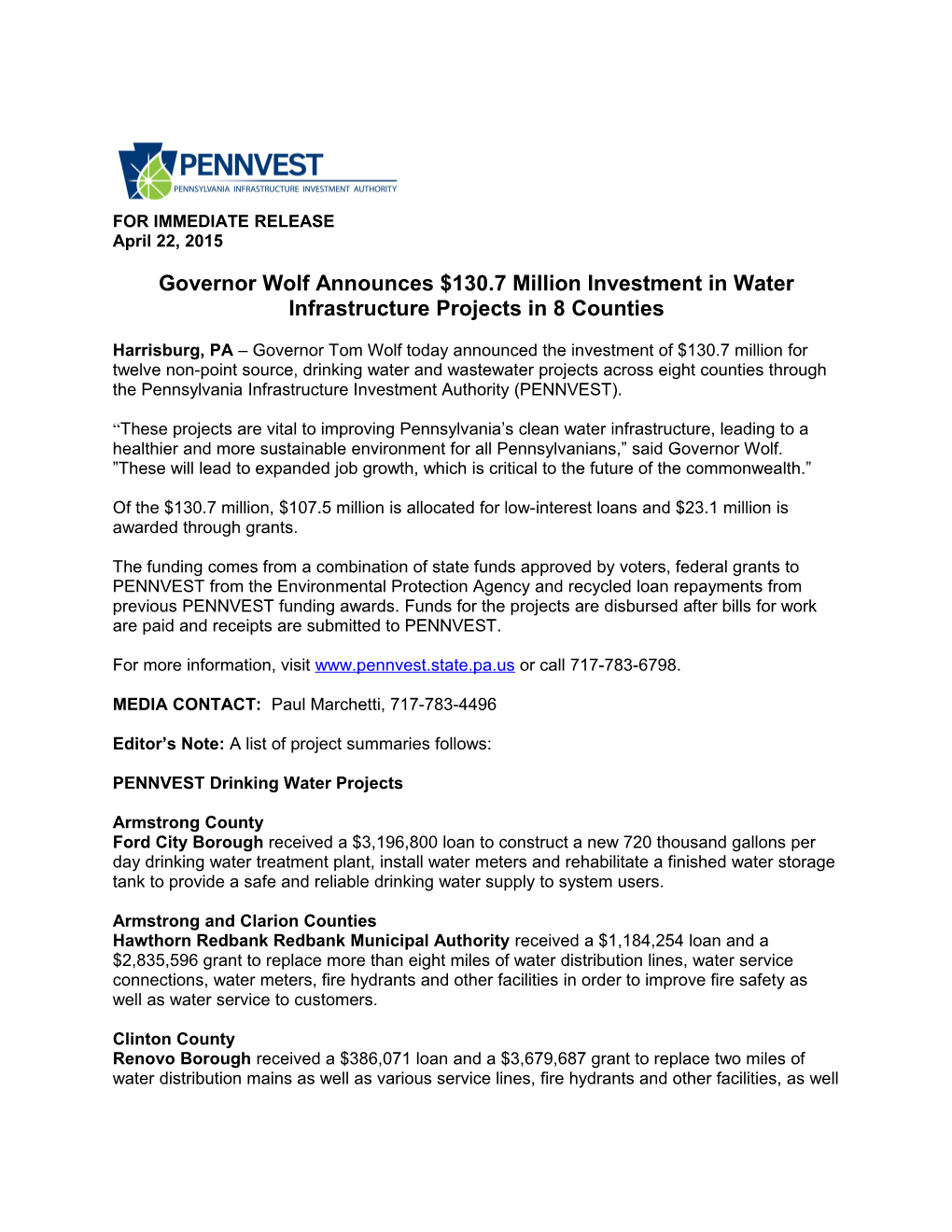 Governor Corbett Announces $130.7 Million Investment in Water Infrastructure Projects In