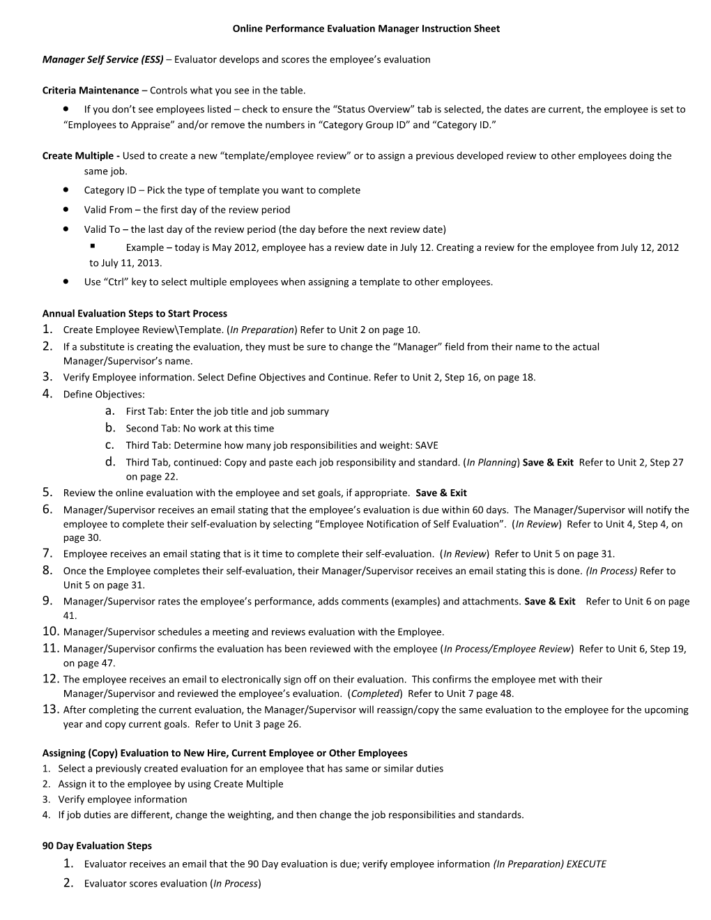 Online Performance Evaluation Manager Instruction Sheet