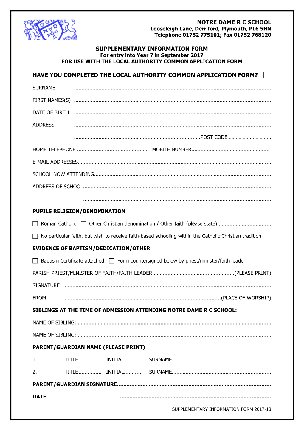 Application for Entry to the School on 200