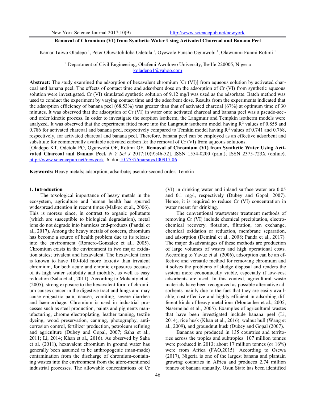 Removal of Chromium (VI) from Synthetic Water Using Activated Charcoal and Banana Peel