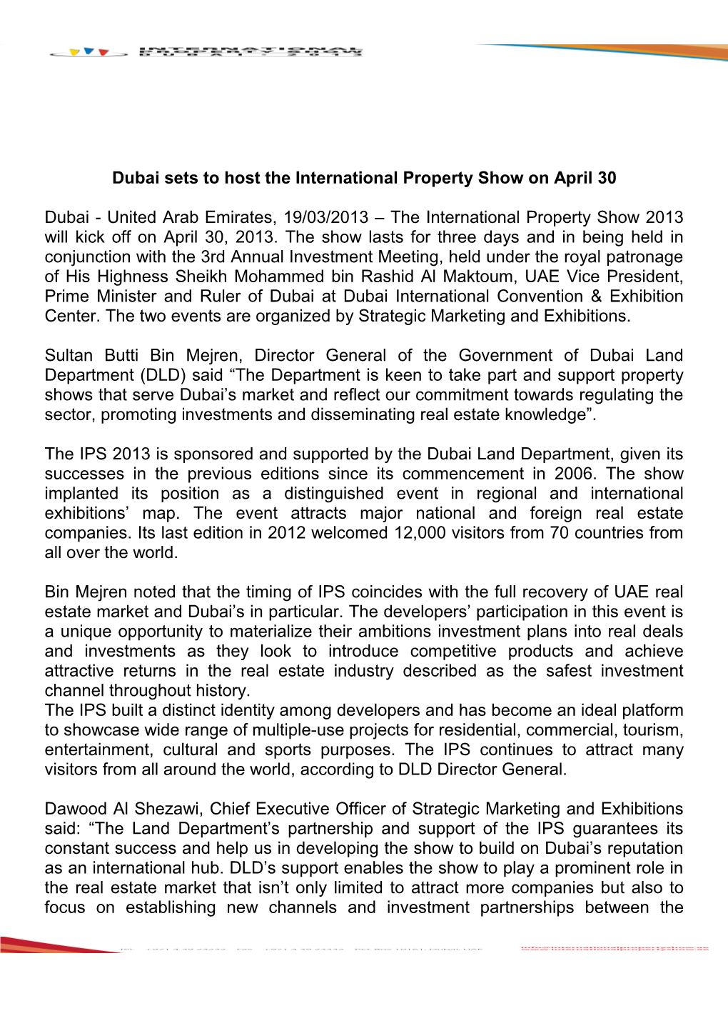 Dubai Sets to Host the International Property Show on April 30