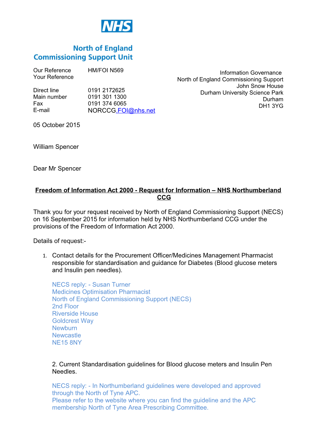 Freedom of Information Act 2000 - Request for Information NHS Northumberland CCG