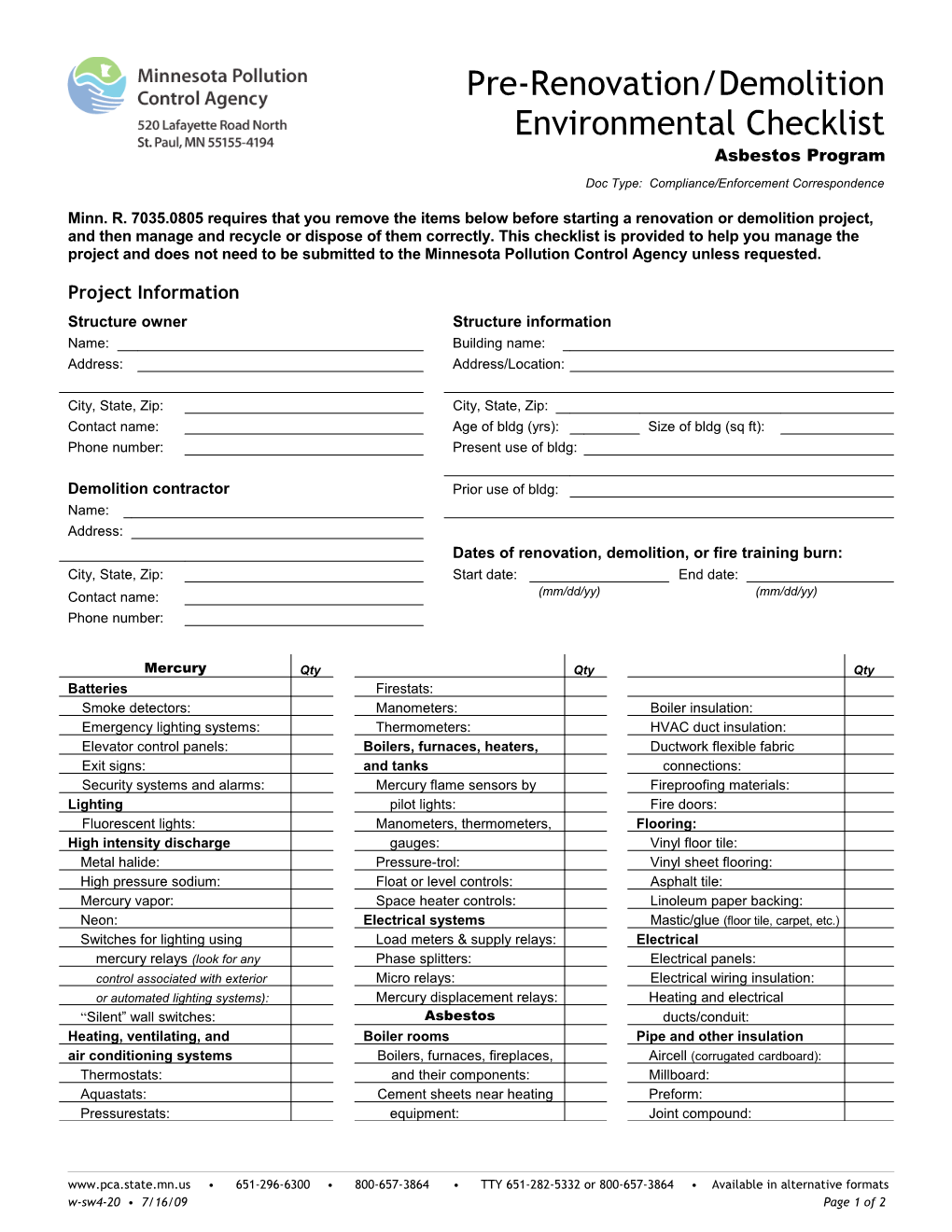 Pre-Renovation/Demolition Environmental Checklist - Form