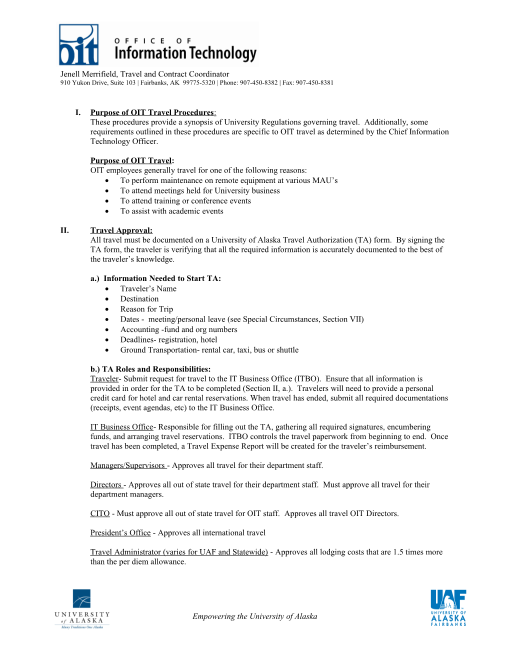 Office of Information Technology (OIT) Travel Procedures 8/14/12