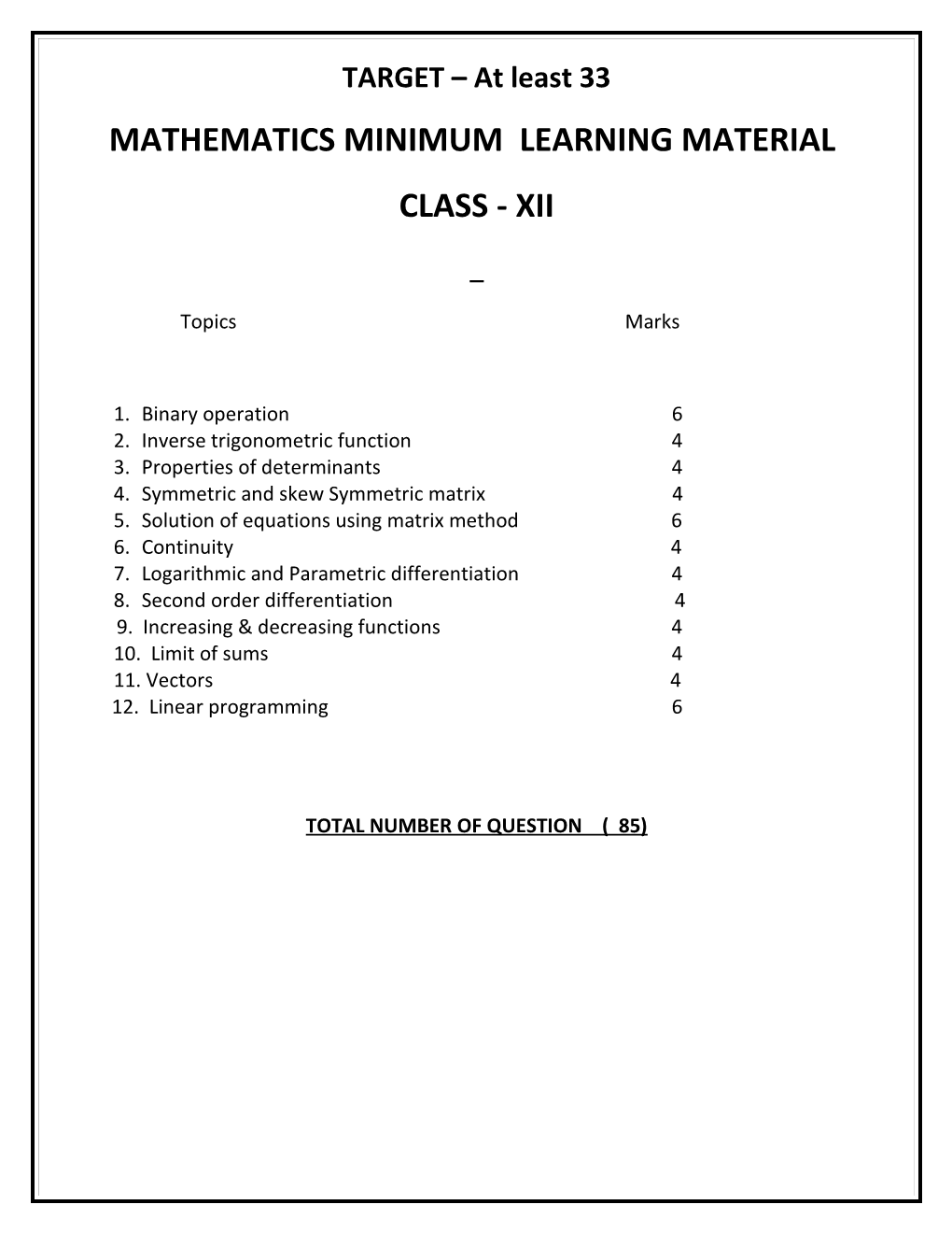 Mathematics Minimum Learning Material