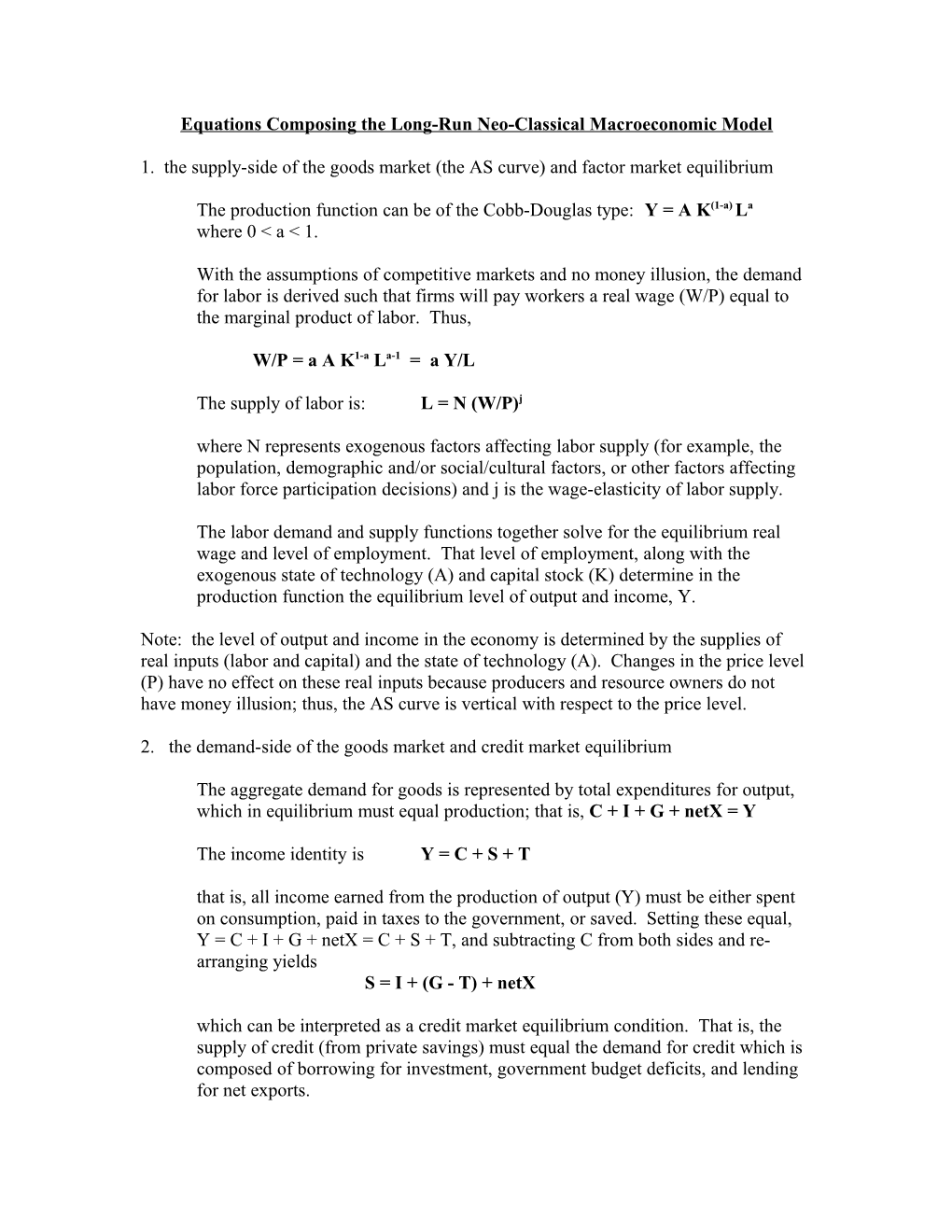 Equations Composing the Long-Run Neo-Classical Macroeconomic Model