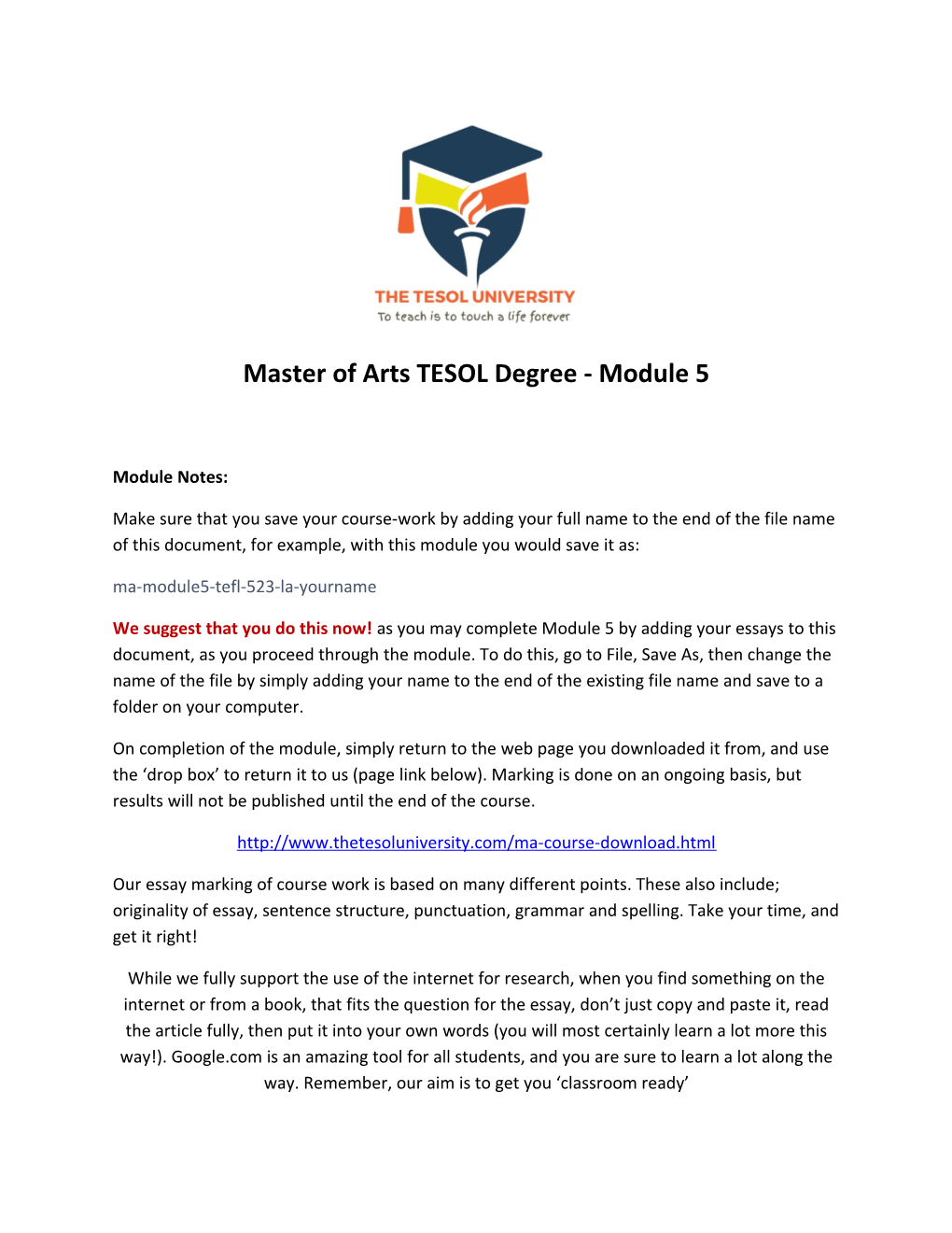 Master of Arts TESOL Degree - Module 5