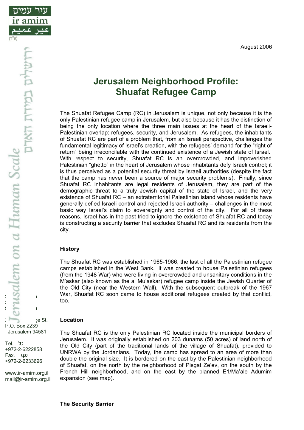 Jerusalem Neighborhood Profile
